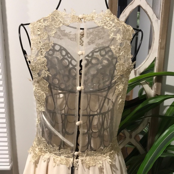Faviana Sheer Lace Overlay Gold Trim Dress - Picture 4 of 7